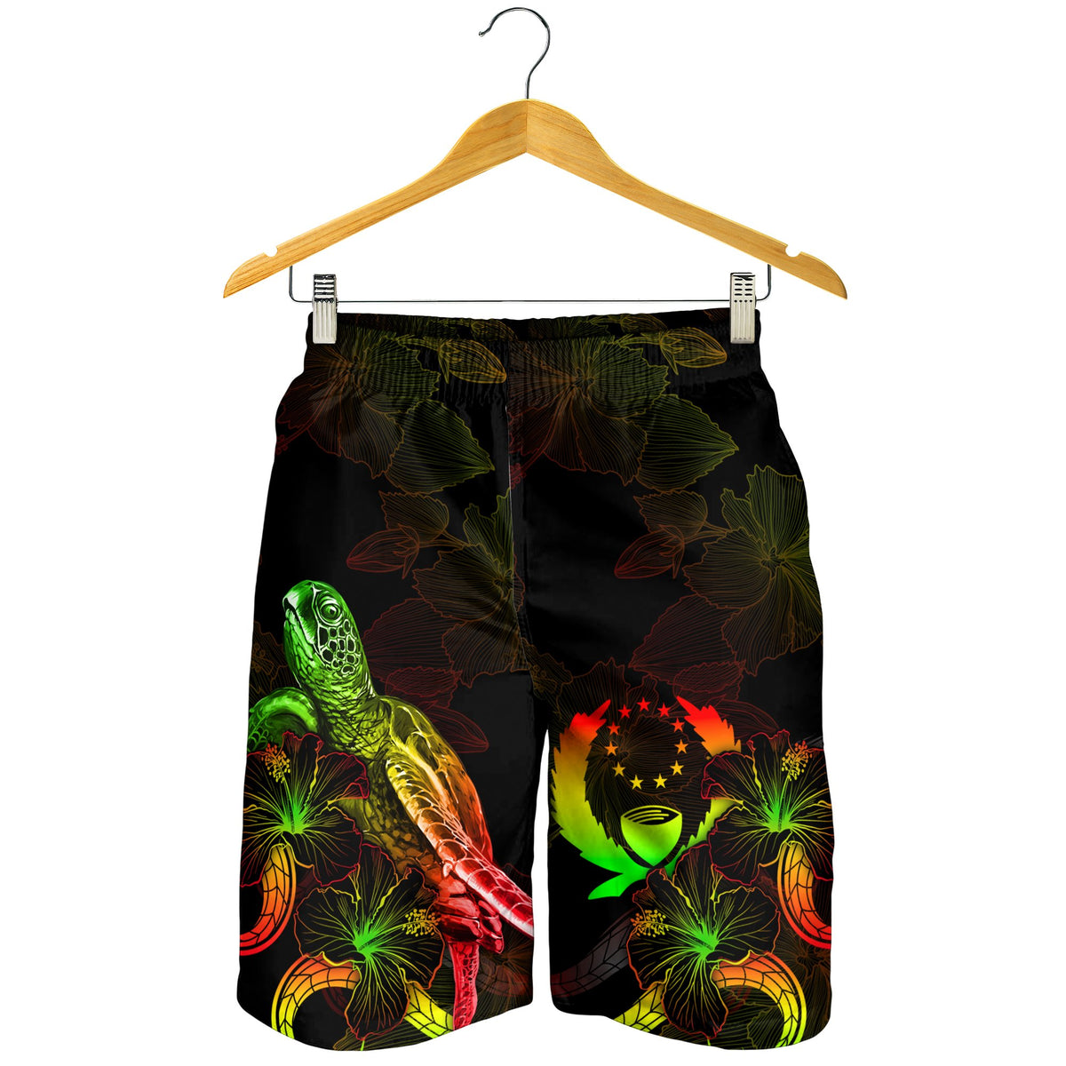 Pohnpei Polynesian Men's Shorts - Turtle With Blooming Hibiscus Reggae - Polynesian Pride