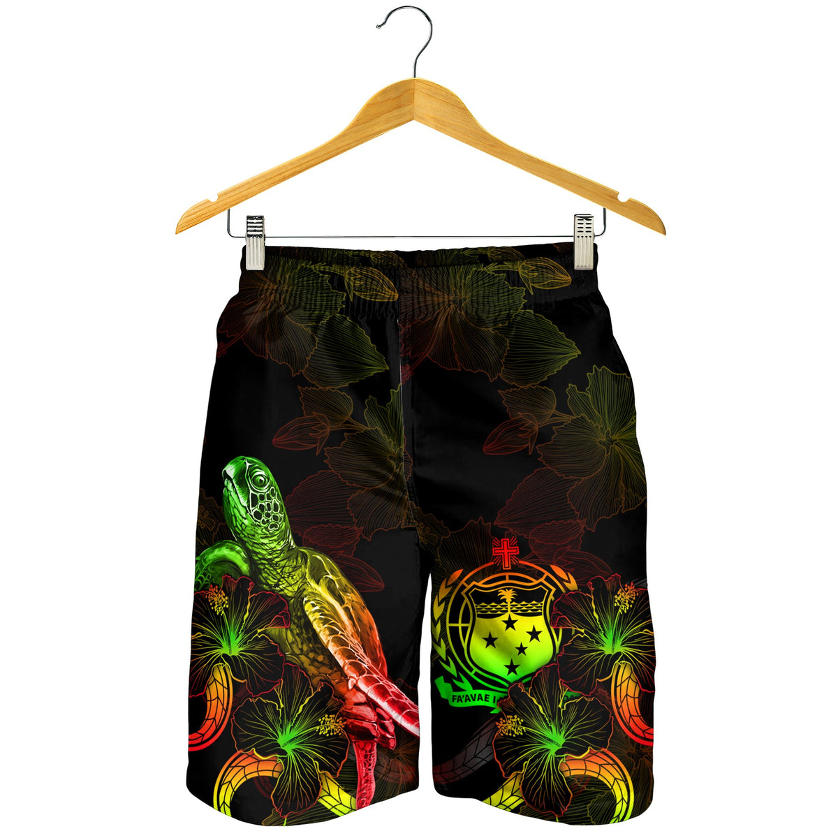 Samoa Polynesian Men's Shorts - Turtle With Blooming Hibiscus Reggae - Polynesian Pride