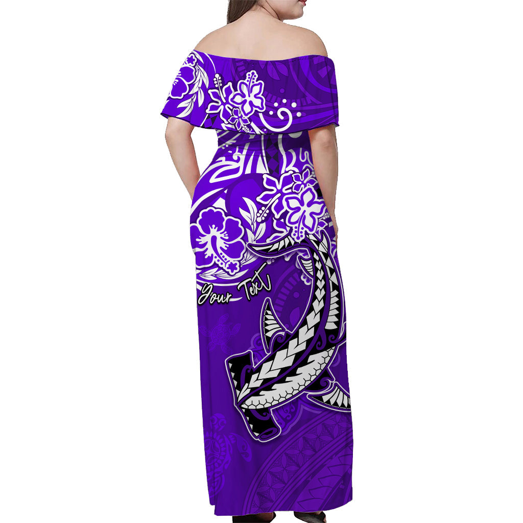 (Custom Personalised) Hawaii Off Shoulder Long Dress Polynesia Purple Sea Turtle Honu and Hammerhead Shark LT13 - Polynesian Pride