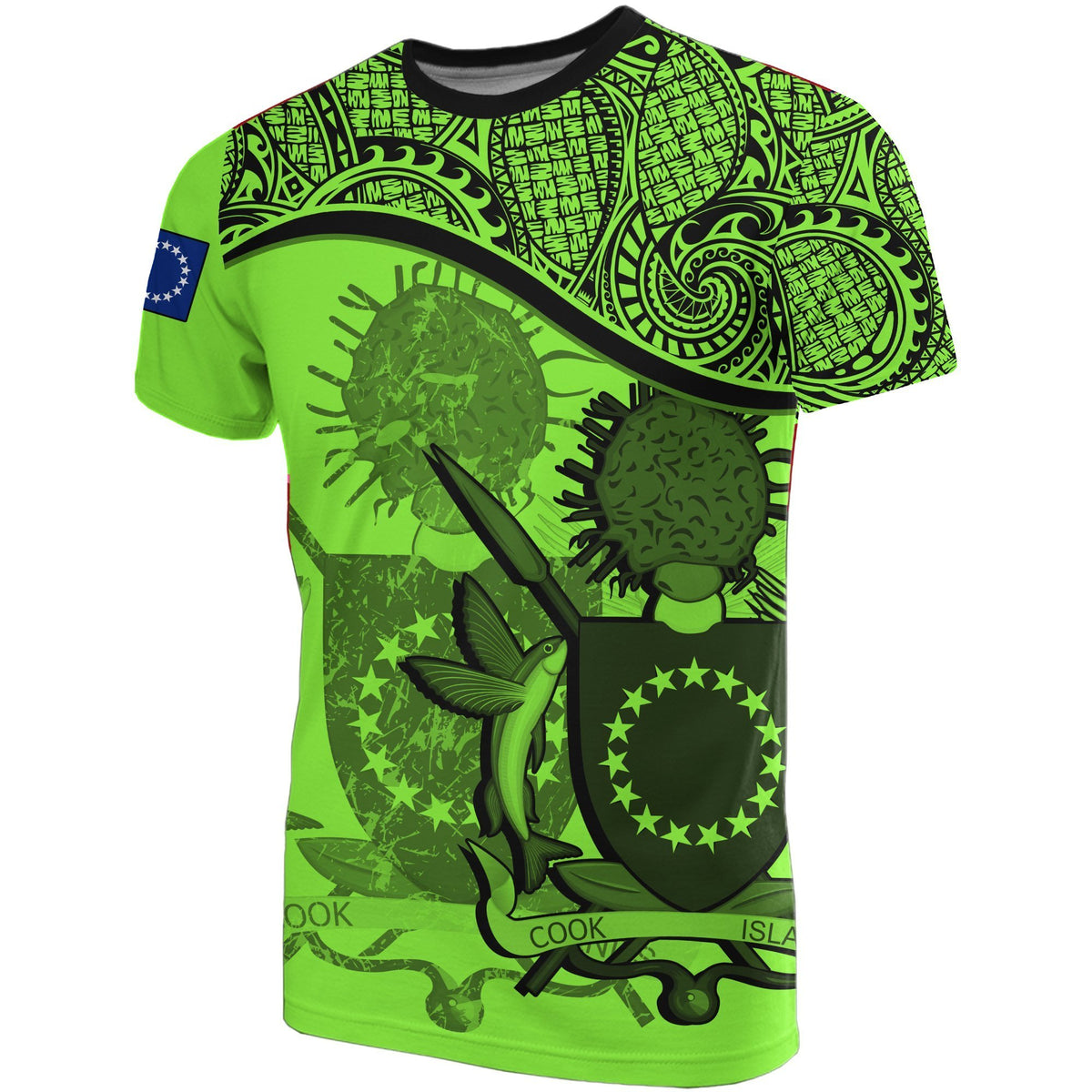 Cook islands Fluo Vert Coat of Arms T Shirt Unisex Black - Polynesian Pride