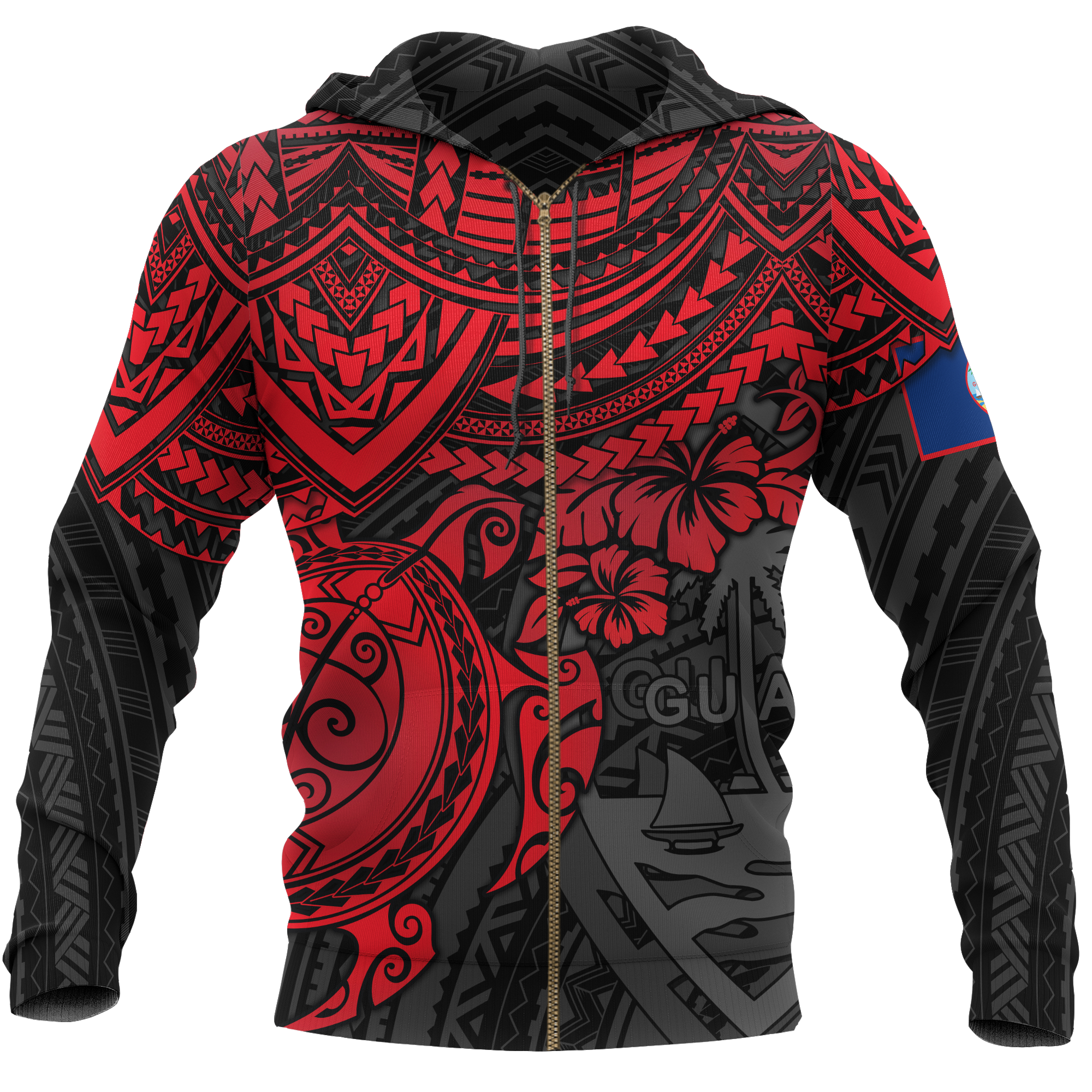 Guam Polynesian Hoodie (Zip up) Red Turtle Unisex RED - Polynesian Pride