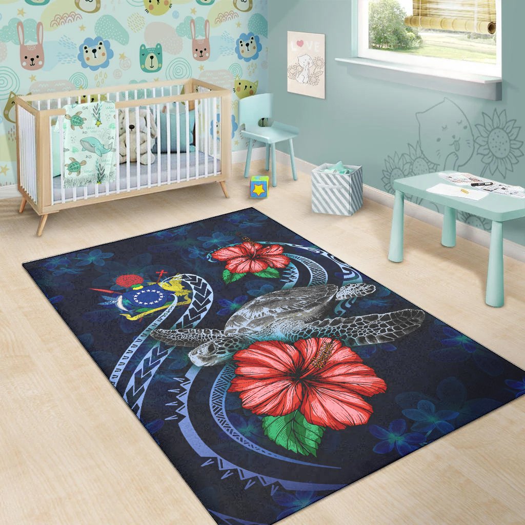 Cook Islands Polynesian Area Rug - Blue Turtle Hibiscus - Polynesian Pride