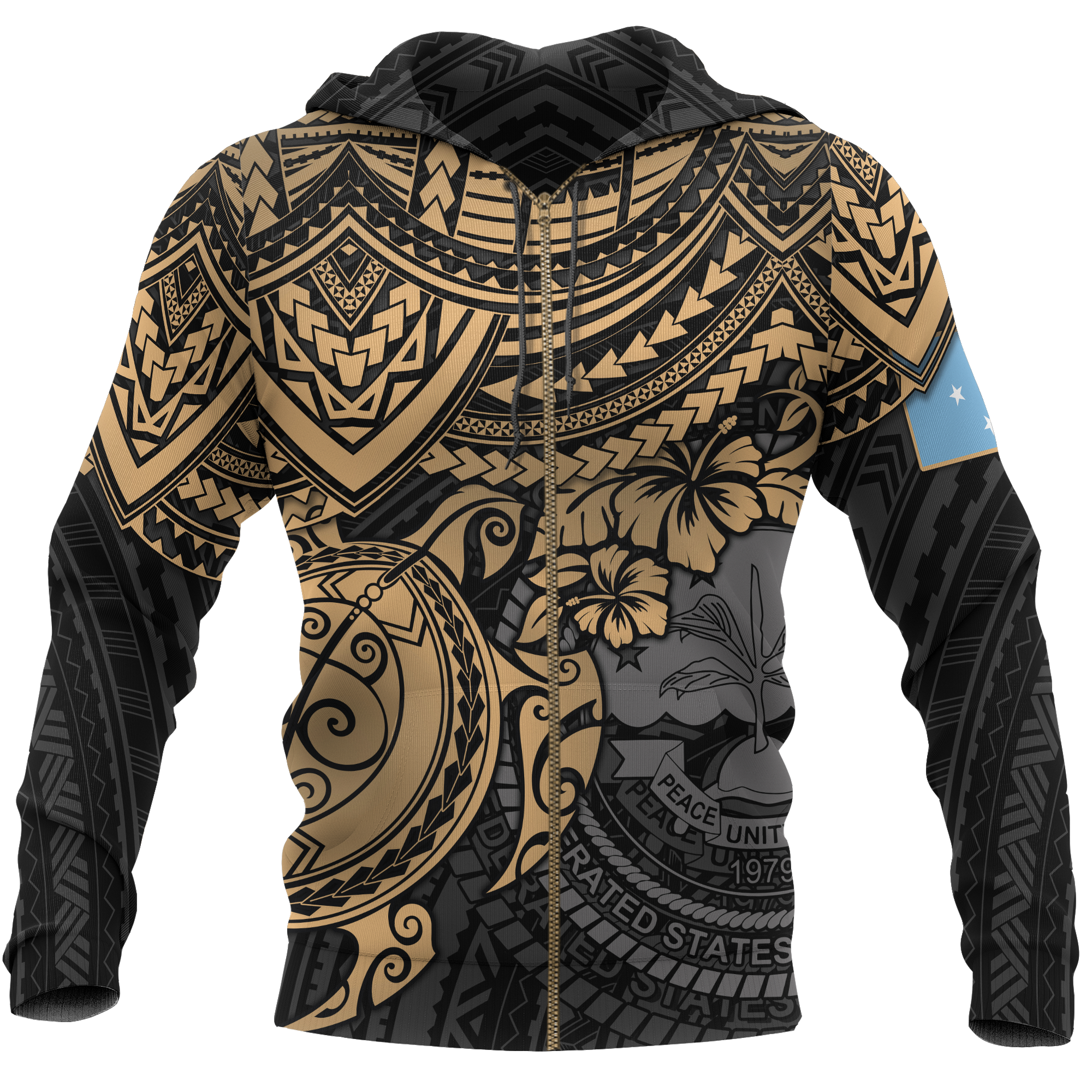 Federated States of Micronesia Hoodie (Zip up) Golden Turtle Unisex BLACK - Polynesian Pride
