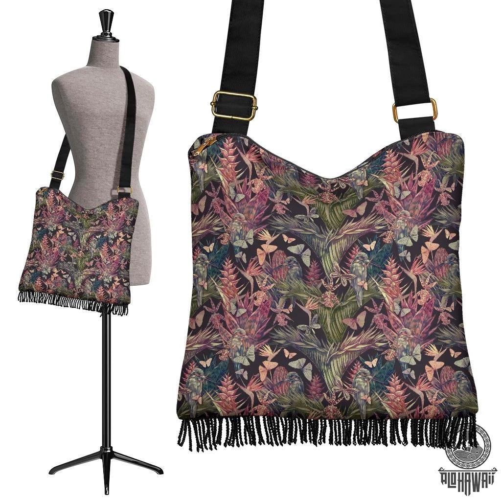 Hawaii Palm Leaves, Tropical Flowers Crossbody Boho Handbag Crossbody Boho Handbag One Size Green - Polynesian Pride