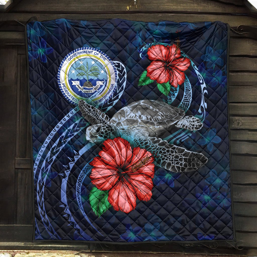 Federated States Of Micronesia Polynesian Premium Quilt - Blue Turtle Hibiscus - Polynesian Pride