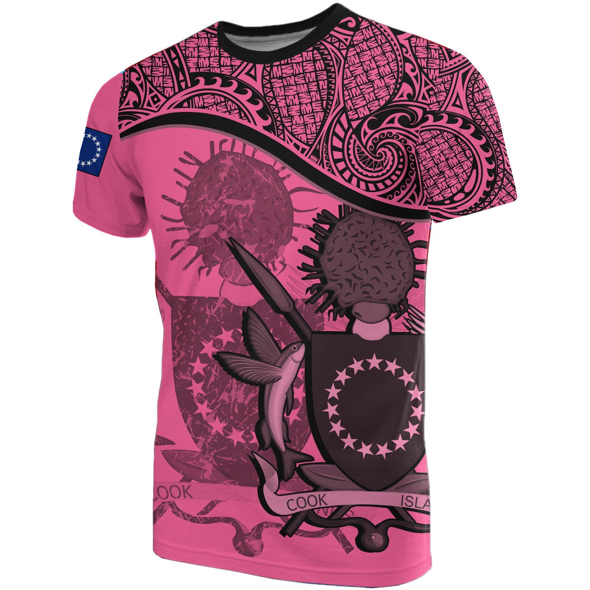 Cook islands Pink Coat of Arms T Shirt Unisex Black - Polynesian Pride