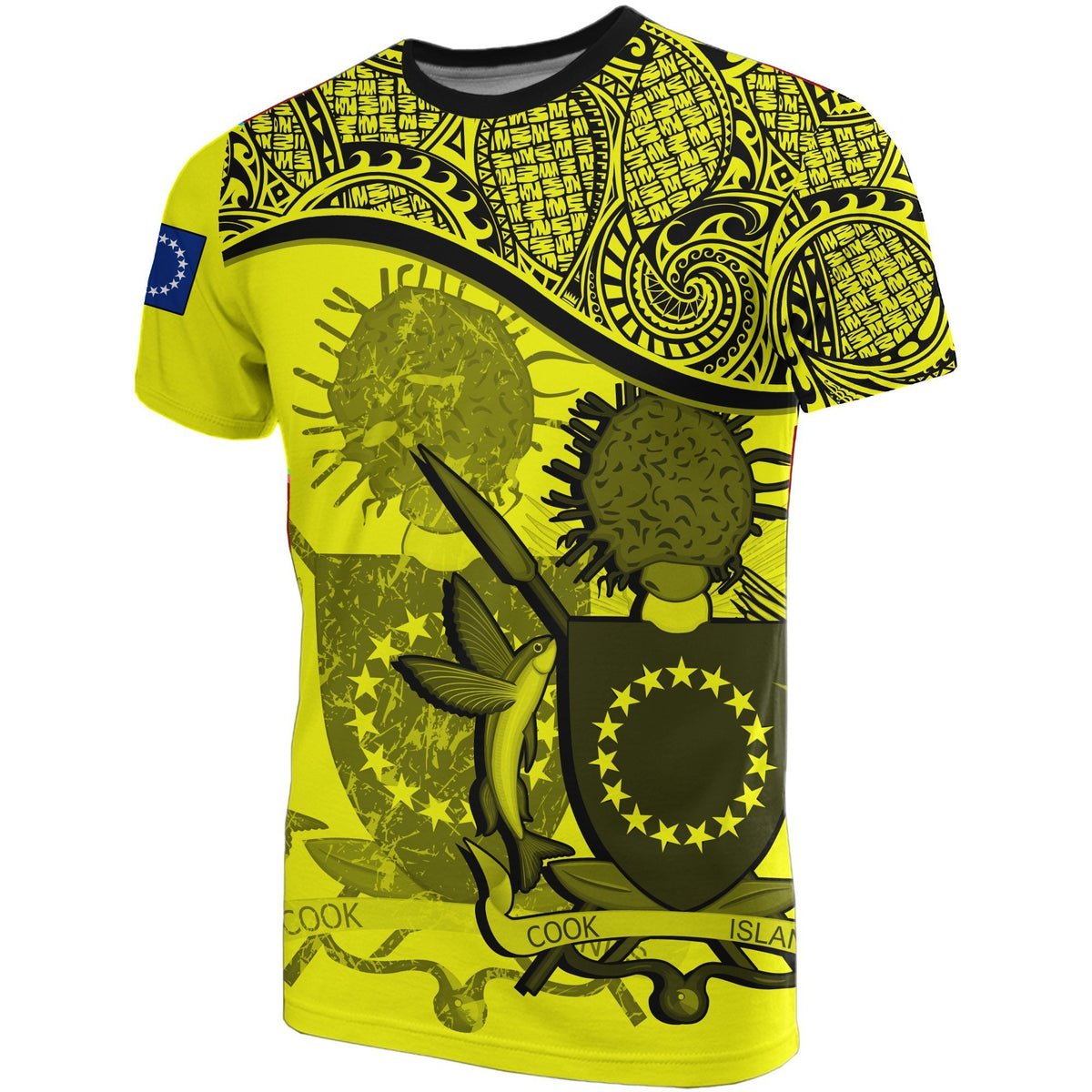 Cook islands Yellow Coat of Arms T Shirt Unisex Black - Polynesian Pride
