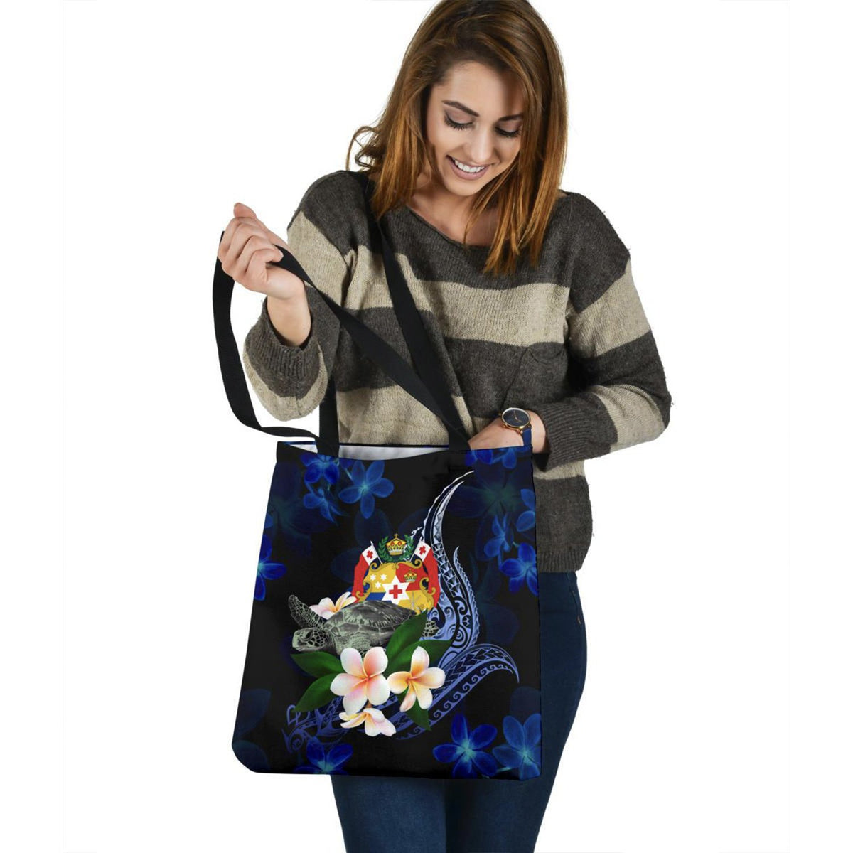 Tonga Polynesian Tote Bag - Turtle With Plumeria Flowers Tote Bag One Size Blue - Polynesian Pride