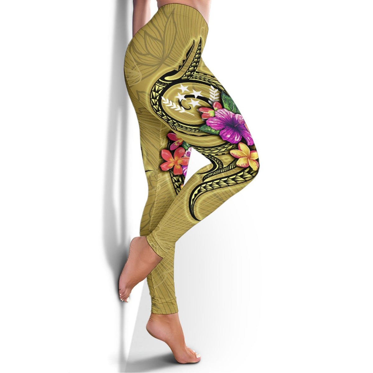 Kosrae Micronesia Legging - Floral With Seal Gold - Polynesian Pride