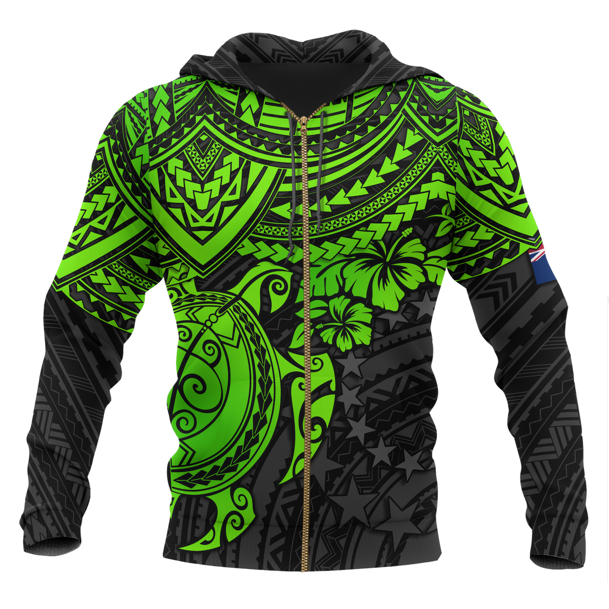 Cook Islands Polynesian Zip up Hoodie Green Turtle Unisex Green - Polynesian Pride