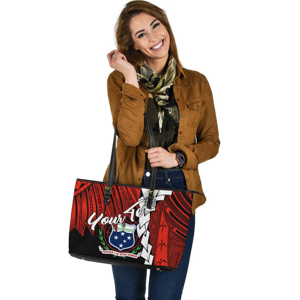 Samoa Polynesian Custom Personalised Leather Tote Bag - Tribal Wave Tattoo Flag Color - Polynesian Pride