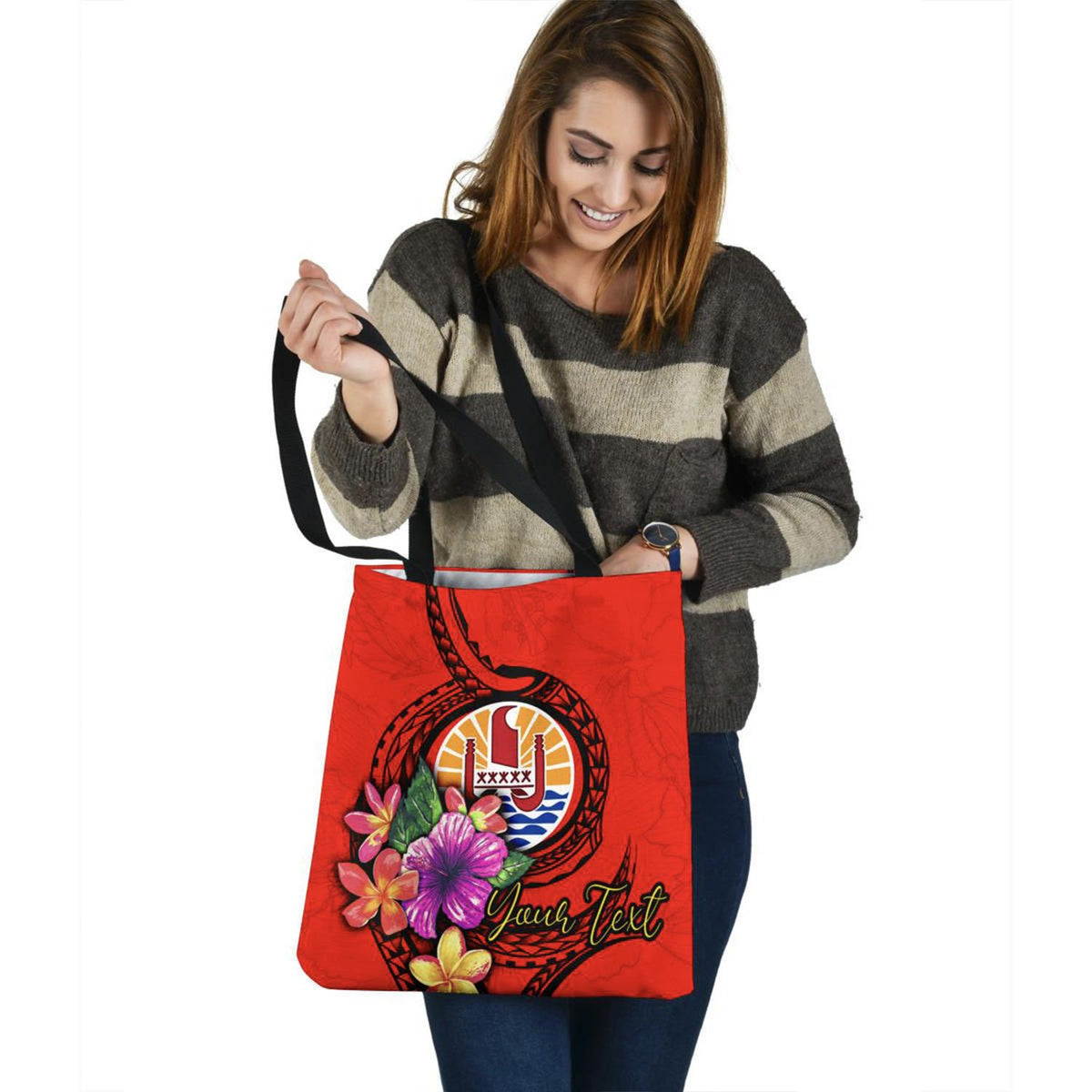 Tahiti Polynesian Custom Personalised Tote Bag - Floral With Seal Red Tote Bag One Size Red - Polynesian Pride