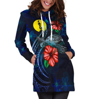 New Caledonia Polynesian Hoodie Dress - Blue Turtle Hibiscus - Polynesian Pride