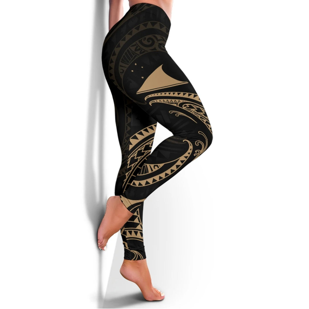 Tokelau Polynesian Women's Legging - Gold Tribal Wave - Polynesian Pride