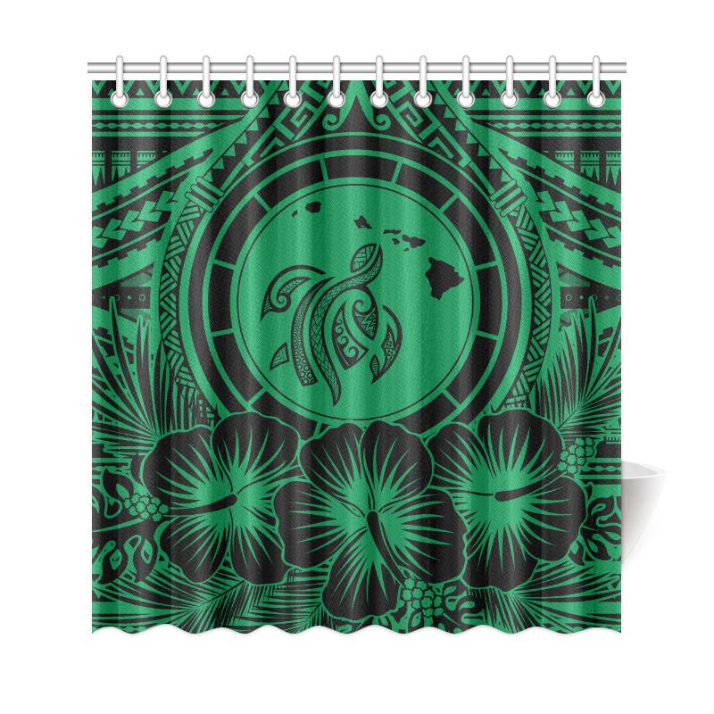 Hawaii Map Honu Hibiscus Green Polynesian Shower Curtain - Polynesian Pride