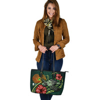 Papua New Guinea Polynesian Leather Tote Bag - Green Turtle Hibiscus - Polynesian Pride