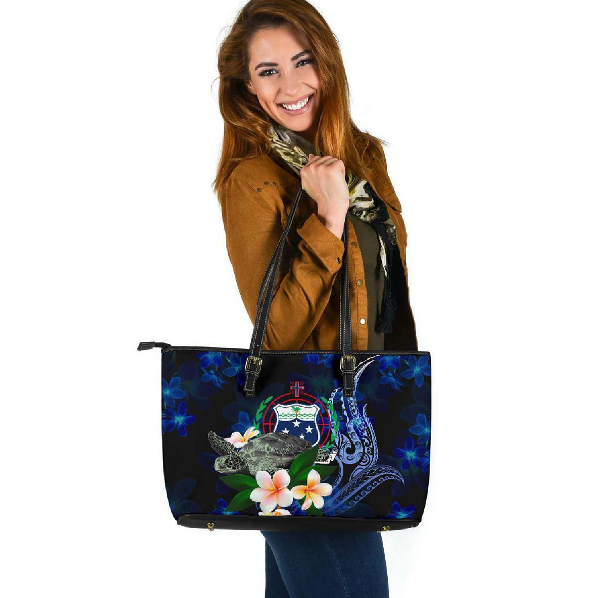 Samoa Polynesian Leather Tote Bag - Turtle With Plumeria Flowers - Polynesian Pride