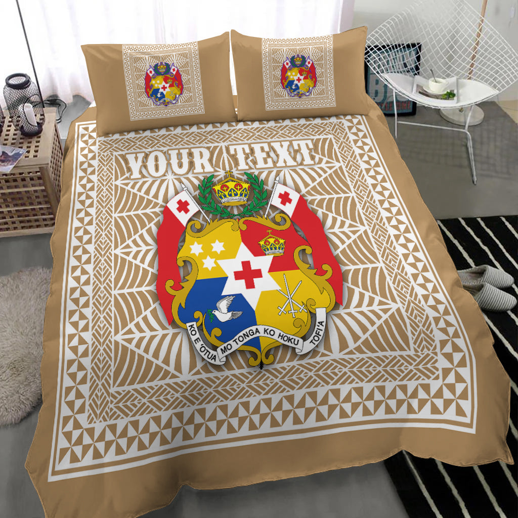 (Custom Personalised) Tonga Pattern Bedding Set Coat of Arms - Beige and White LT4 - Polynesian Pride