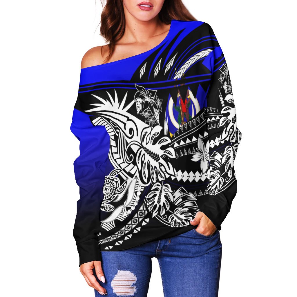 Vanuatu Women's Off Shoulder Sweaters - Tribal Jungle Pattern Blue Color - Polynesian Pride