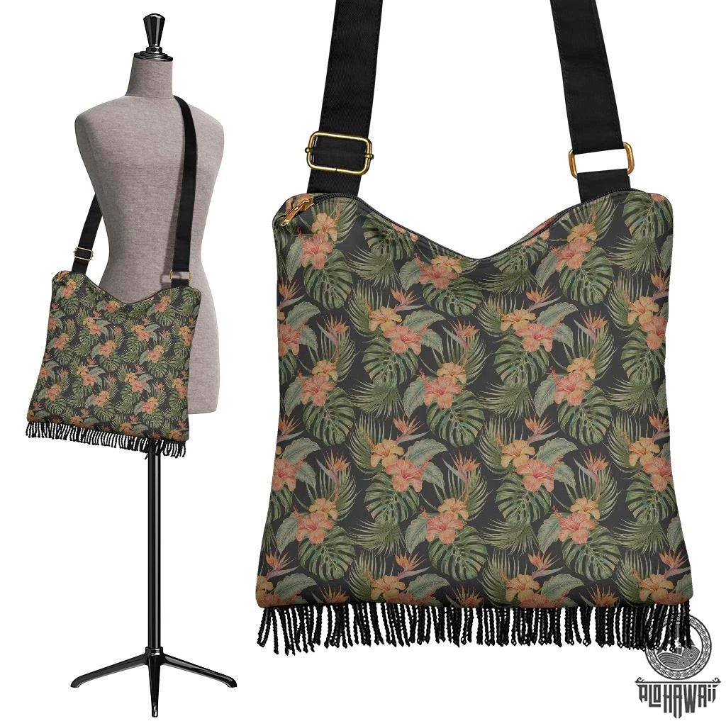 Hawaii Tropical Hibiscus Monstera Leaf Crossbody Boho Handbag Crossbody Boho Handbag One Size Green - Polynesian Pride