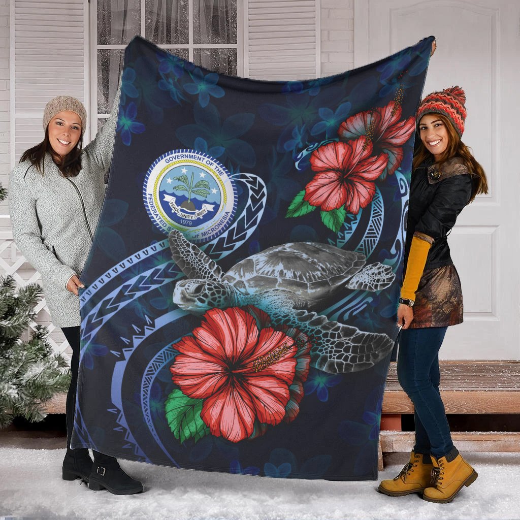 Federated States Of Micronesia Polynesian Premium Blanket - Blue Turtle Hibiscus - Polynesian Pride