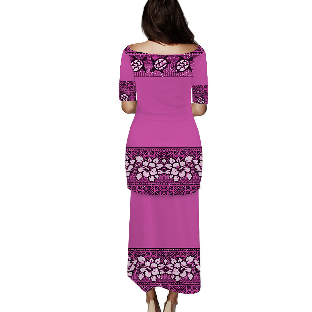 NE Fiji Bula Dress Tapa Turtles And Hibiscus Puletasi Dress Ver.04 LT14 - Polynesian Pride