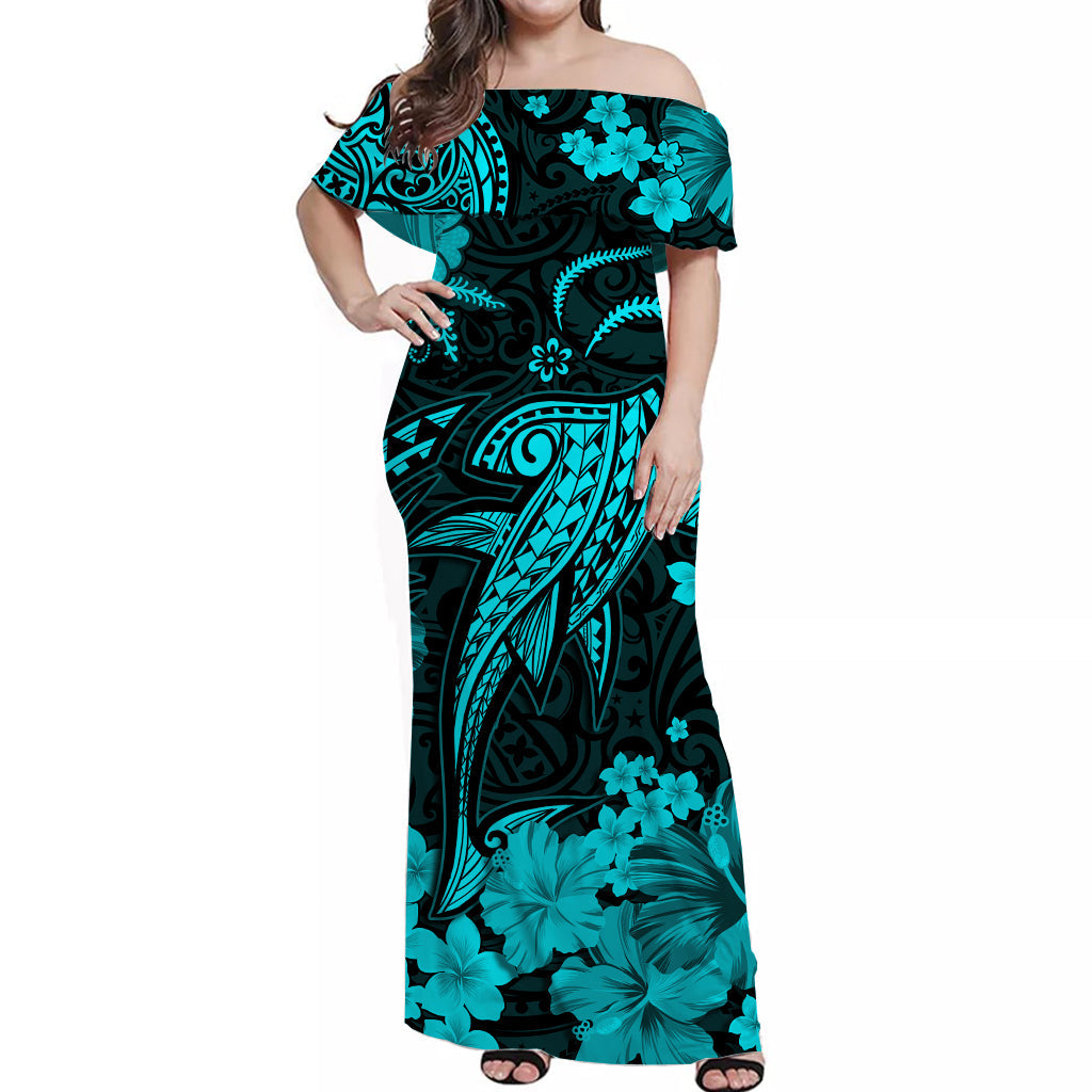 Hawaii Matching Dress and Hawaiian Shirt Polynesia Turquoise Shark LT13 - Polynesian Pride