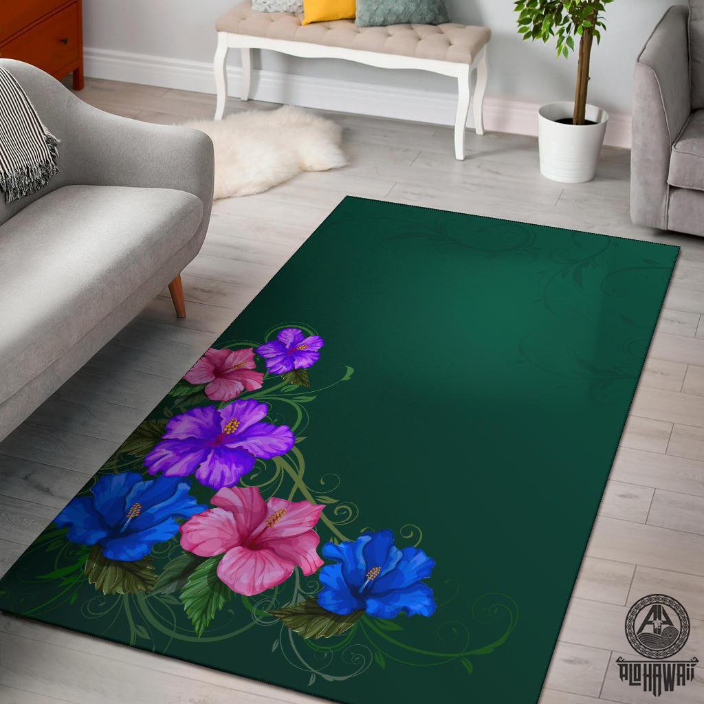 Colorful Hibiscus Area Rug Black - Polynesian Pride