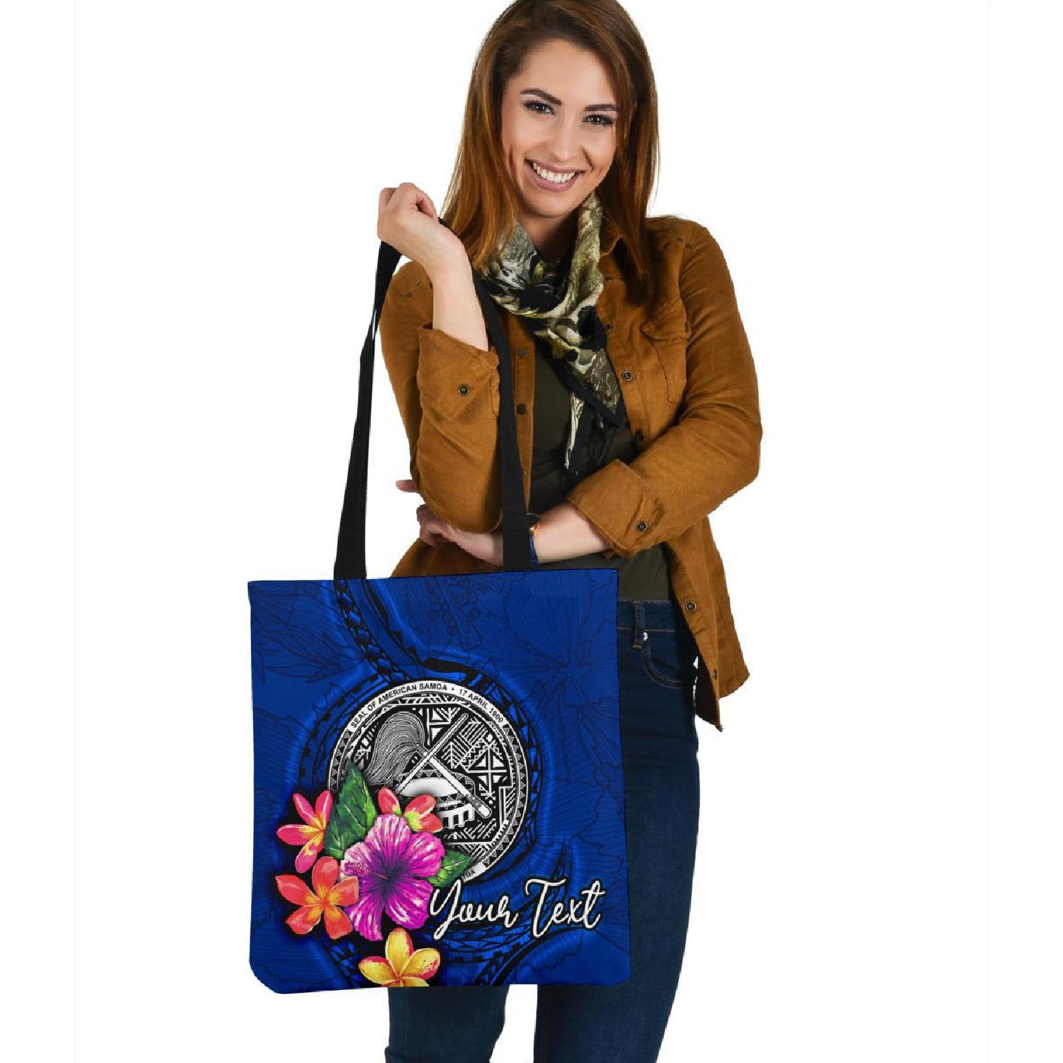 American Samoa Polynesian Custom Personalised Tote Bag - Floral With Seal Blue Tote Bag One Size Blue - Polynesian Pride