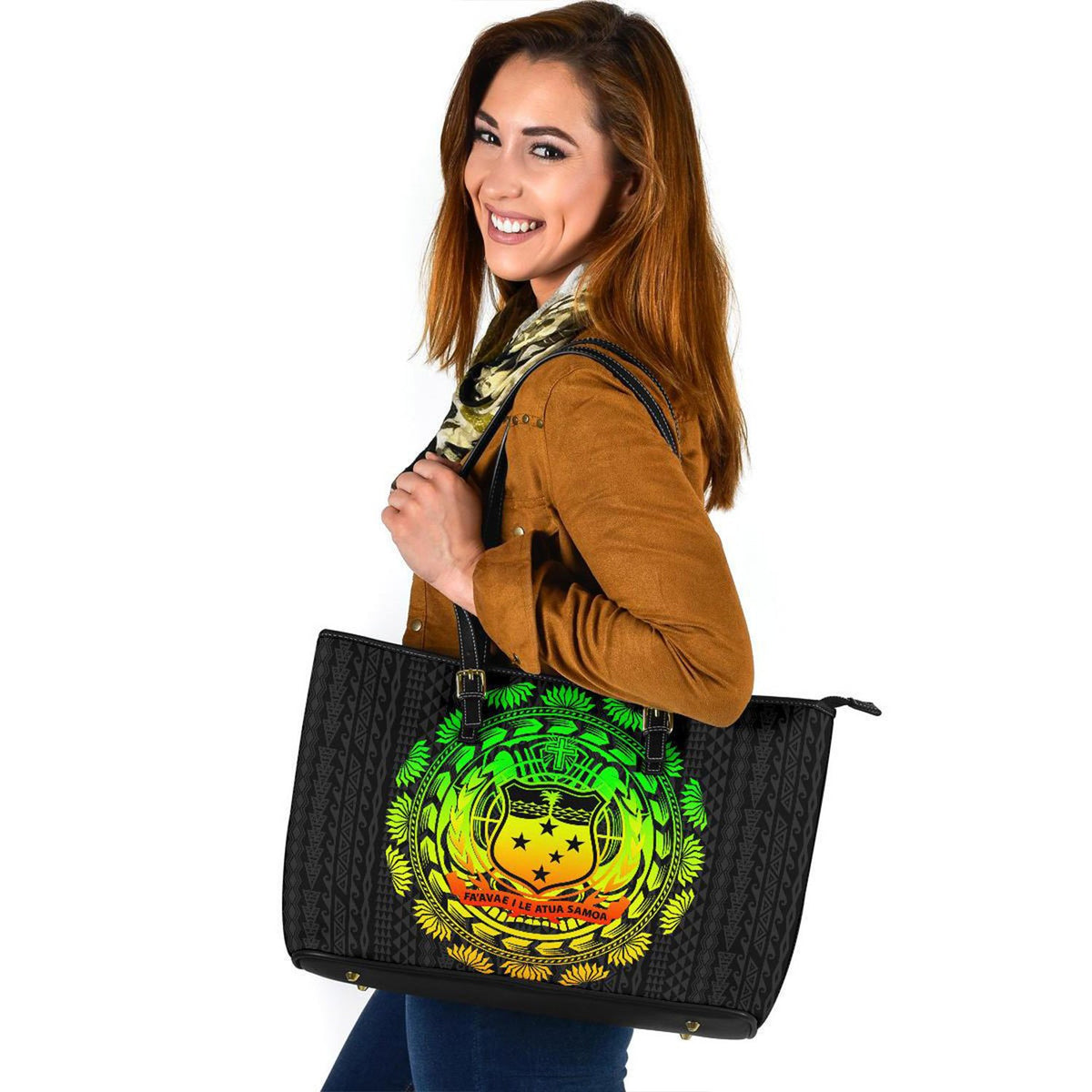 Samoa Polynesian Large Leather Tote - Tattoo Pattern With Seal - Polynesian Pride