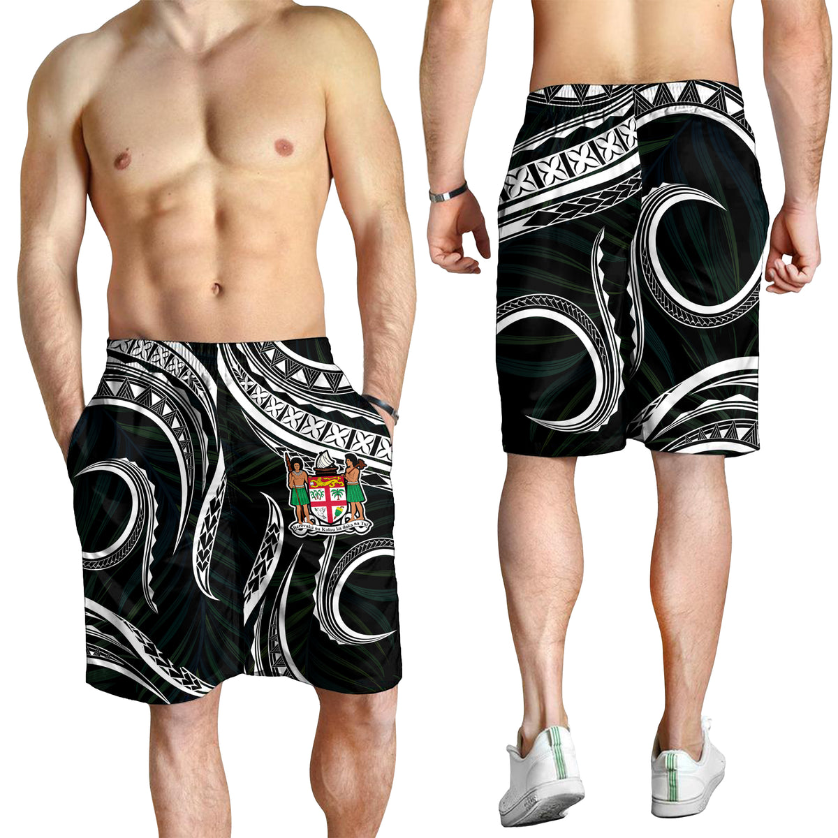 Fiji Coat of Arms Men Short Polynesian mix Coconut Pattern LT13 Men's Shorts Black - Polynesian Pride