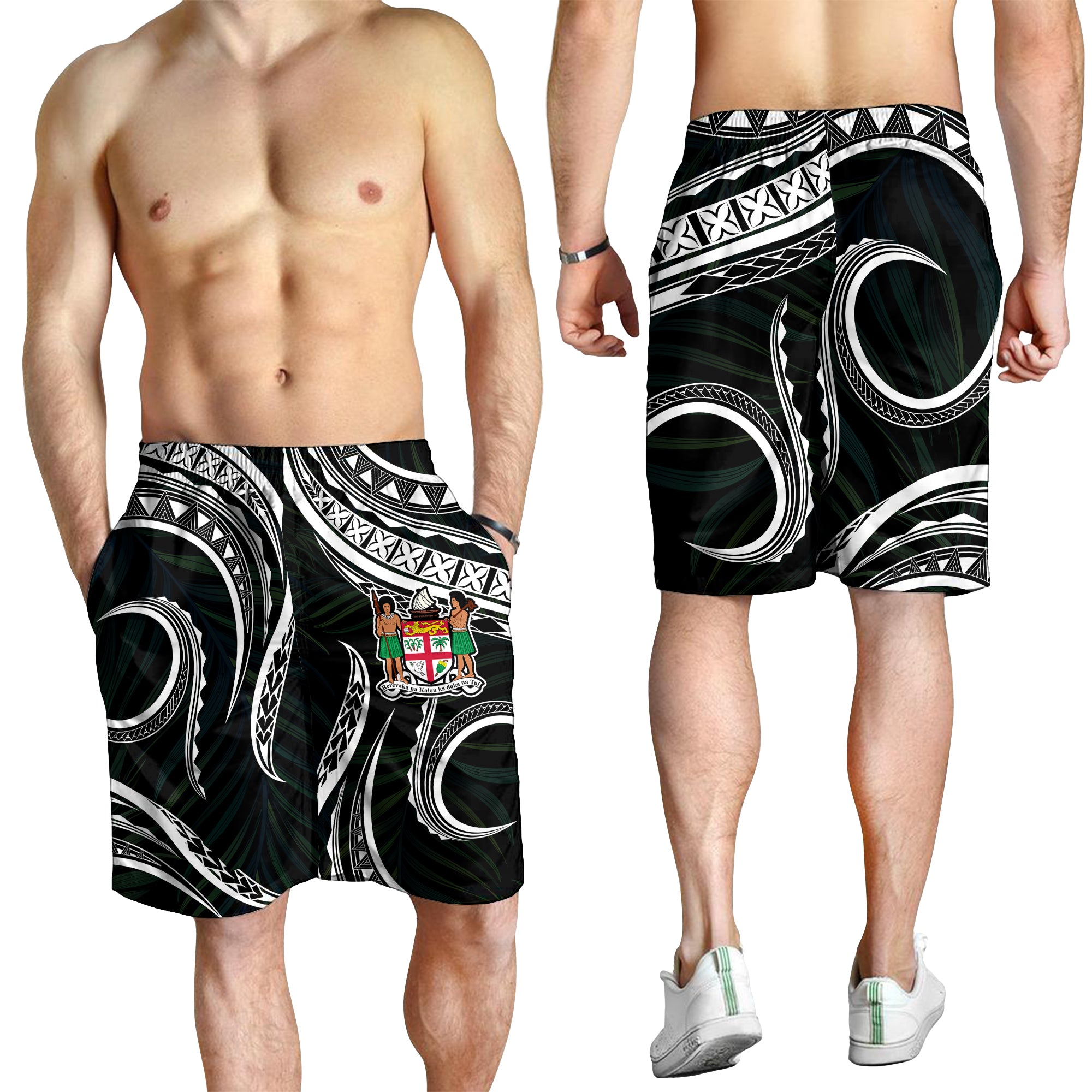 Fiji Coat of Arms Men Short Polynesian mix Coconut Pattern LT13 Men's Shorts Black - Polynesian Pride