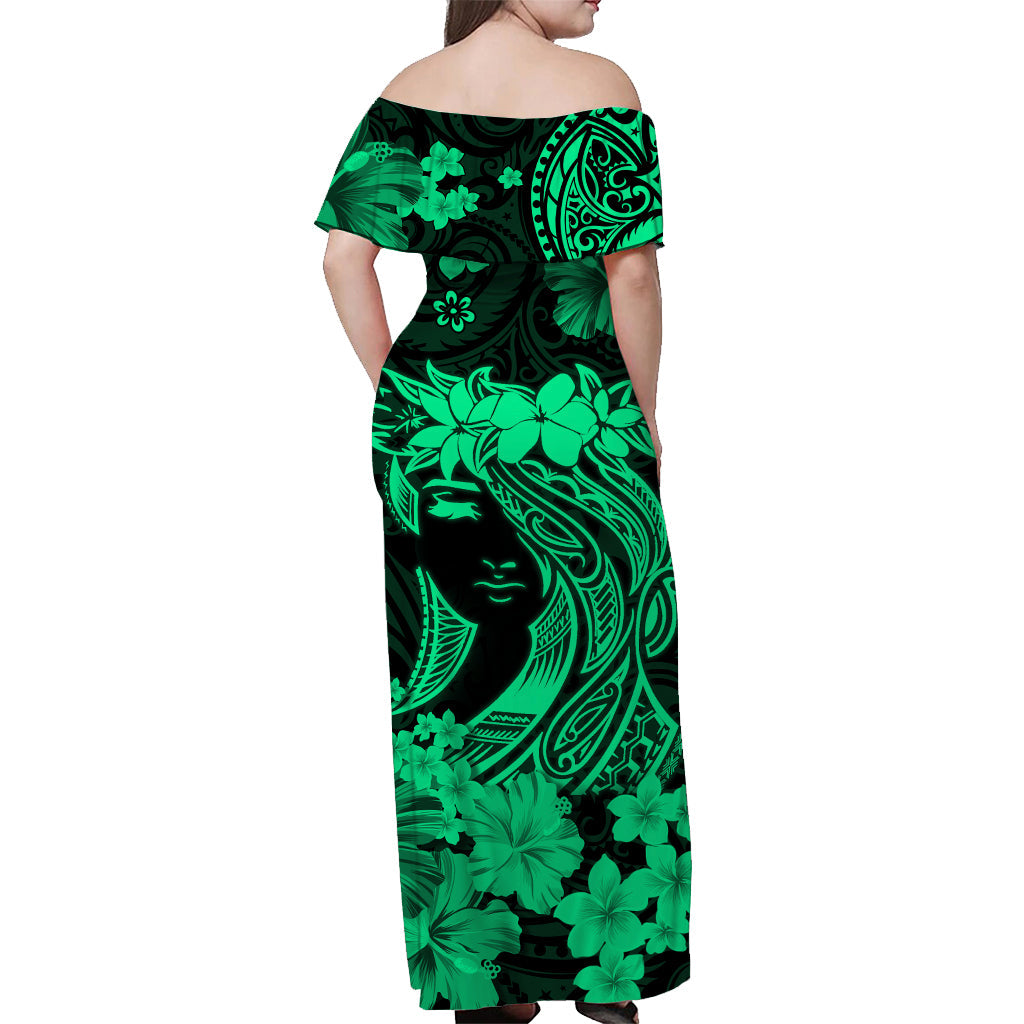 Hawaii Off Shoulder Long Dress Polynesia Green Attractive Hula Girl LT13 - Polynesian Pride