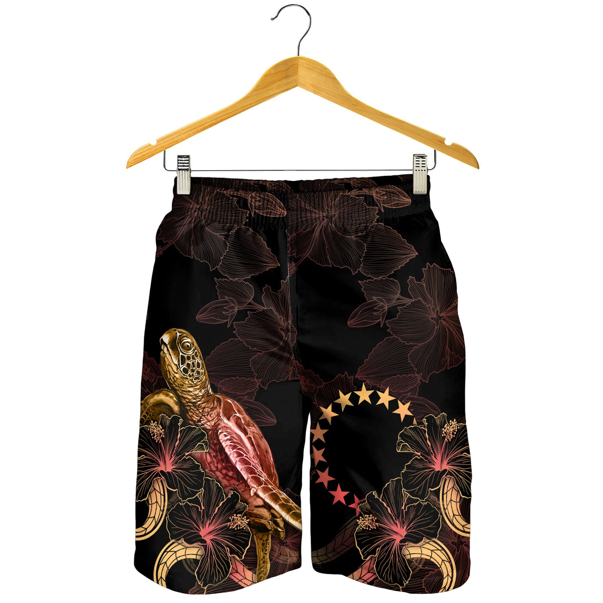Cook Islands Polynesian Men's Shorts - Turtle With Blooming Hibiscus Gold - Polynesian Pride
