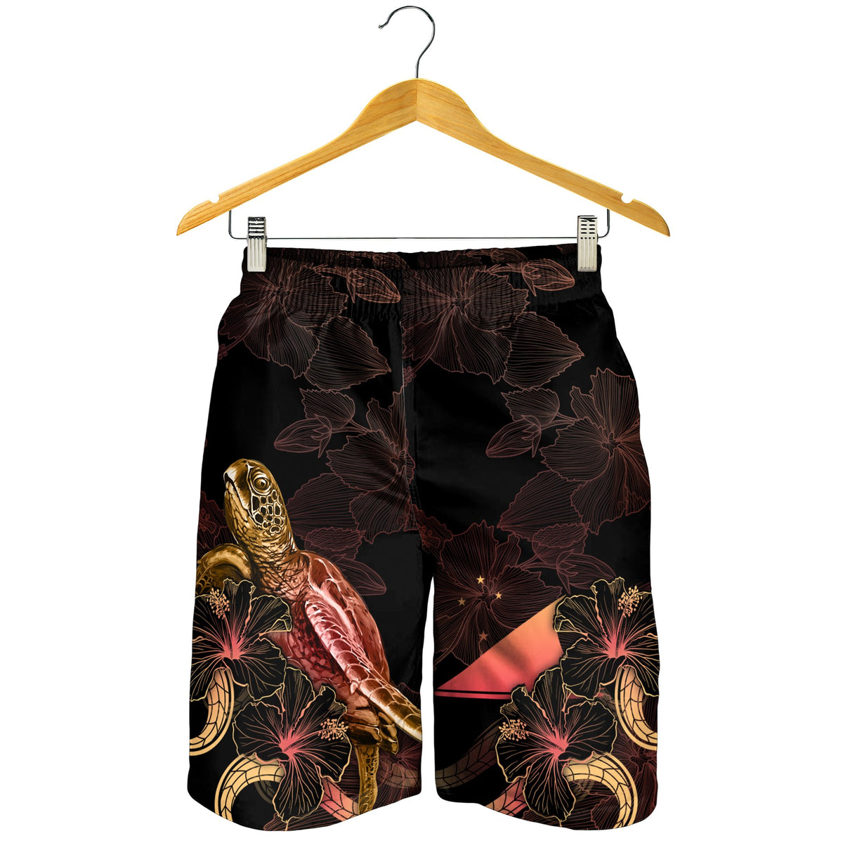 Tokelau Polynesian Men's Shorts - Turtle With Blooming Hibiscus Gold - Polynesian Pride