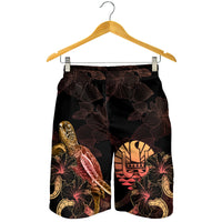 Tahiti Polynesian Men's Shorts - Turtle With Blooming Hibiscus Gold - Polynesian Pride