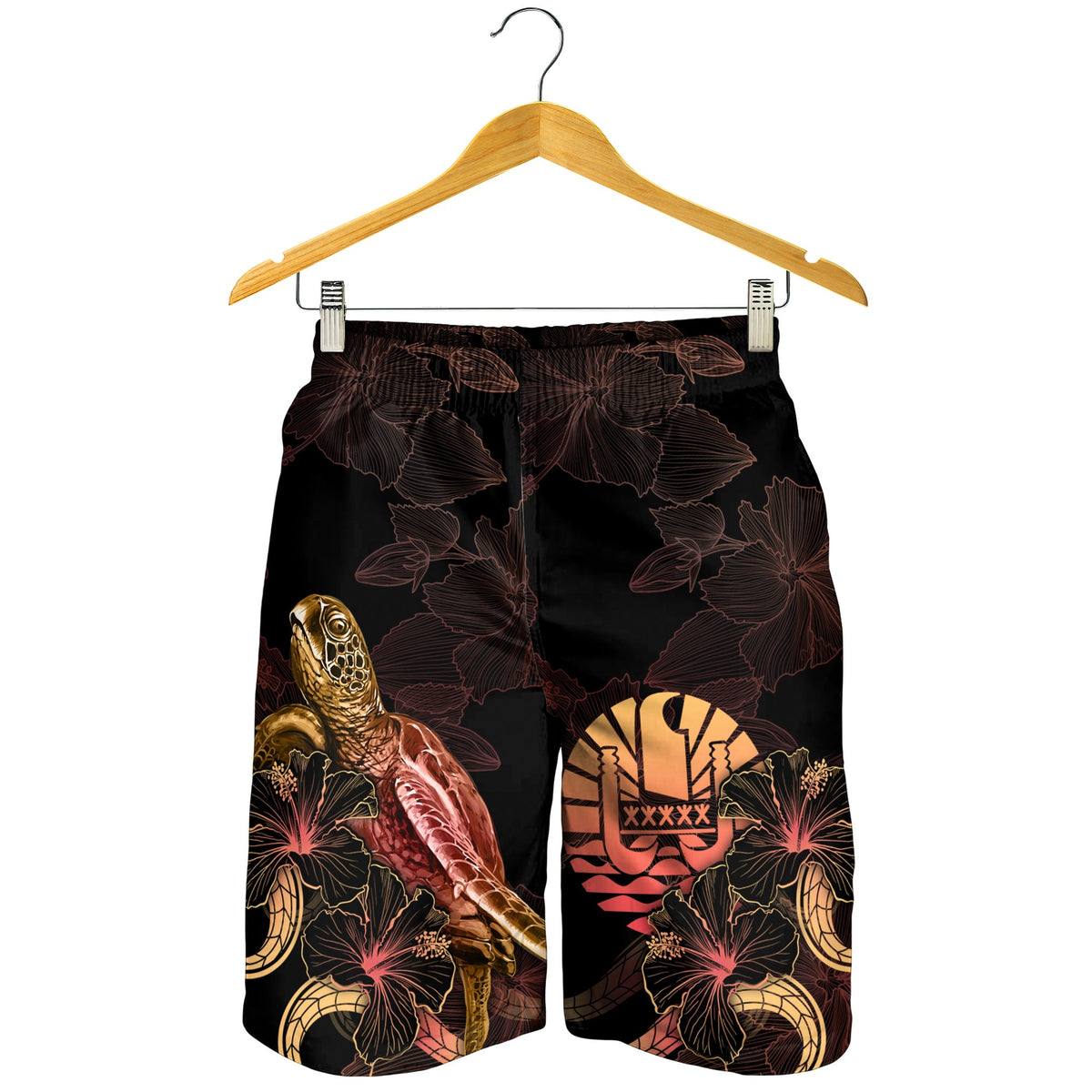 Tuvalu Polynesian Men's Shorts - Turtle With Blooming Hibiscus Gold - Polynesian Pride