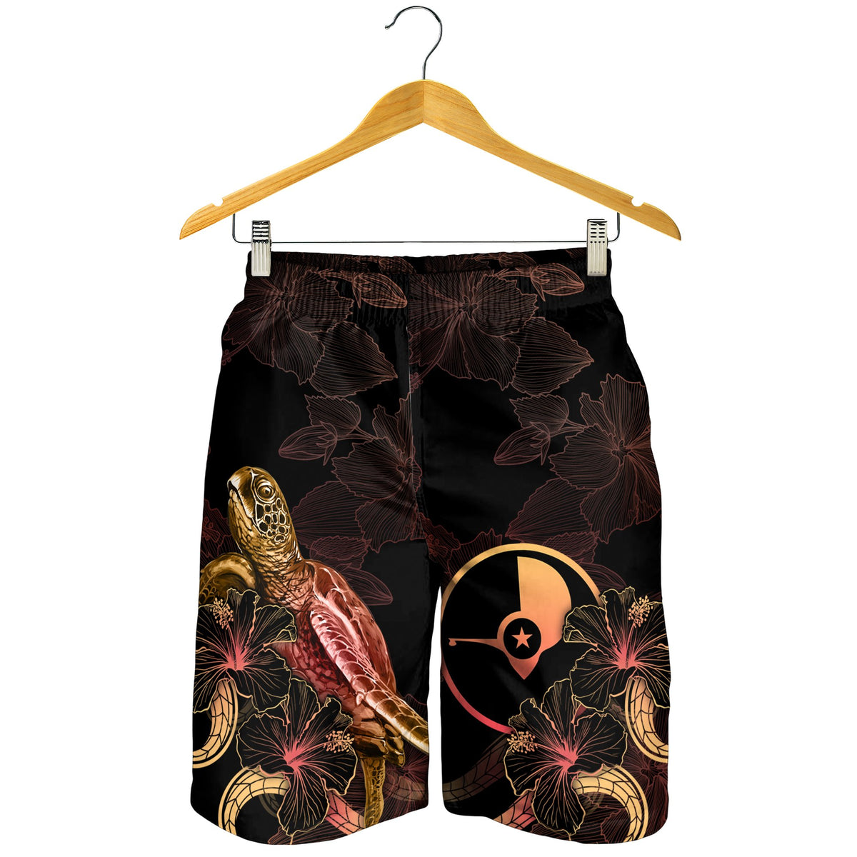 Yap Polynesian Men's Shorts - Turtle With Blooming Hibiscus Gold - Polynesian Pride