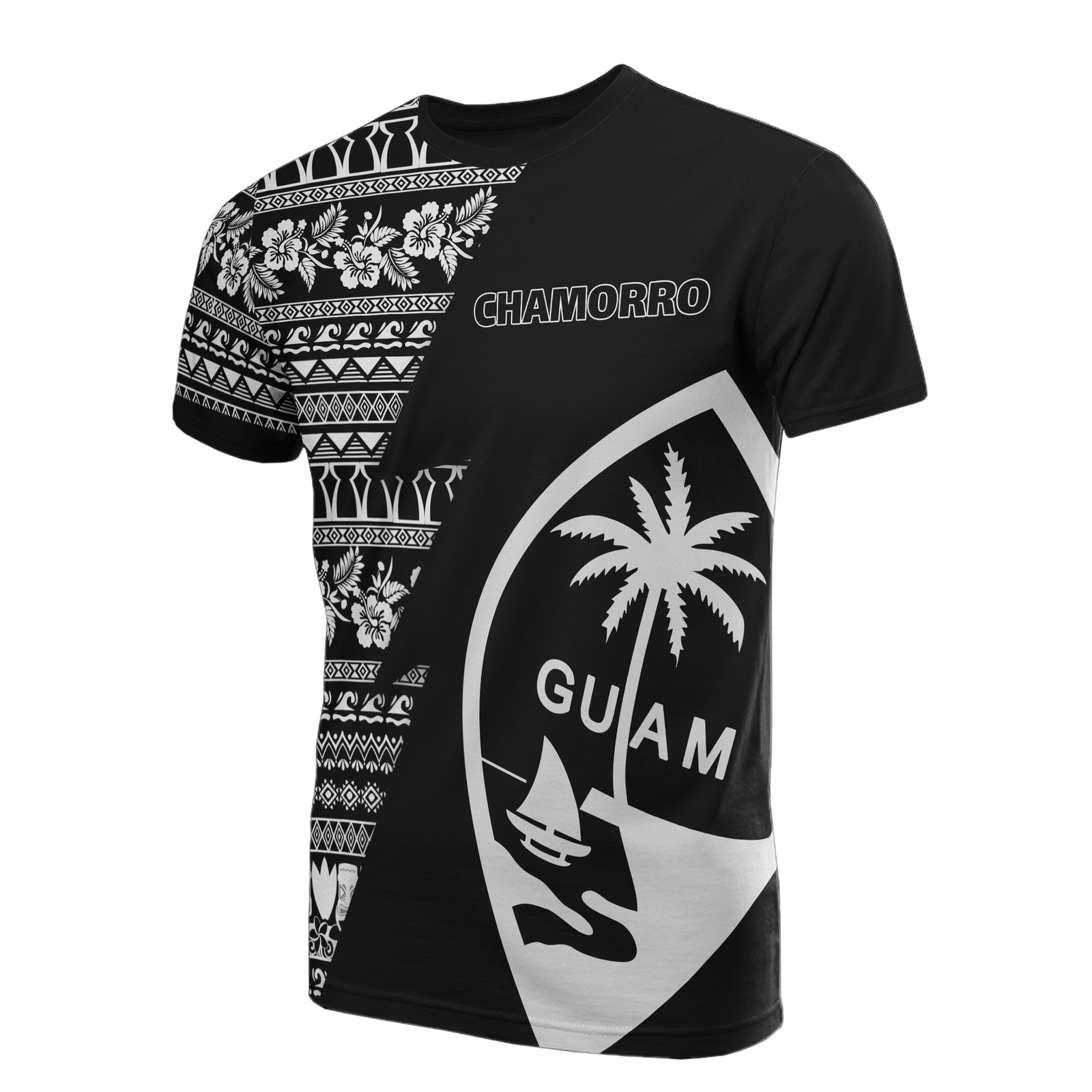 Guam All Over T Shirt Guam Coat of Arms Chamorro Pattern Black Style Unisex Black - Polynesian Pride