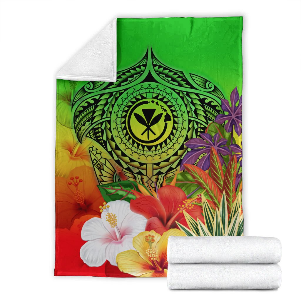 Hawaii Premium Blanket - Kanaka Maoli Manta Ray Tropical Flowers (Green) - Polynesian Pride