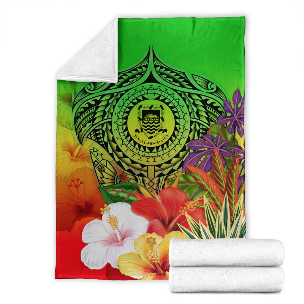 Tuvalu Premium Blanket - Manta Ray Tropical Flowers (Green) - Polynesian Pride