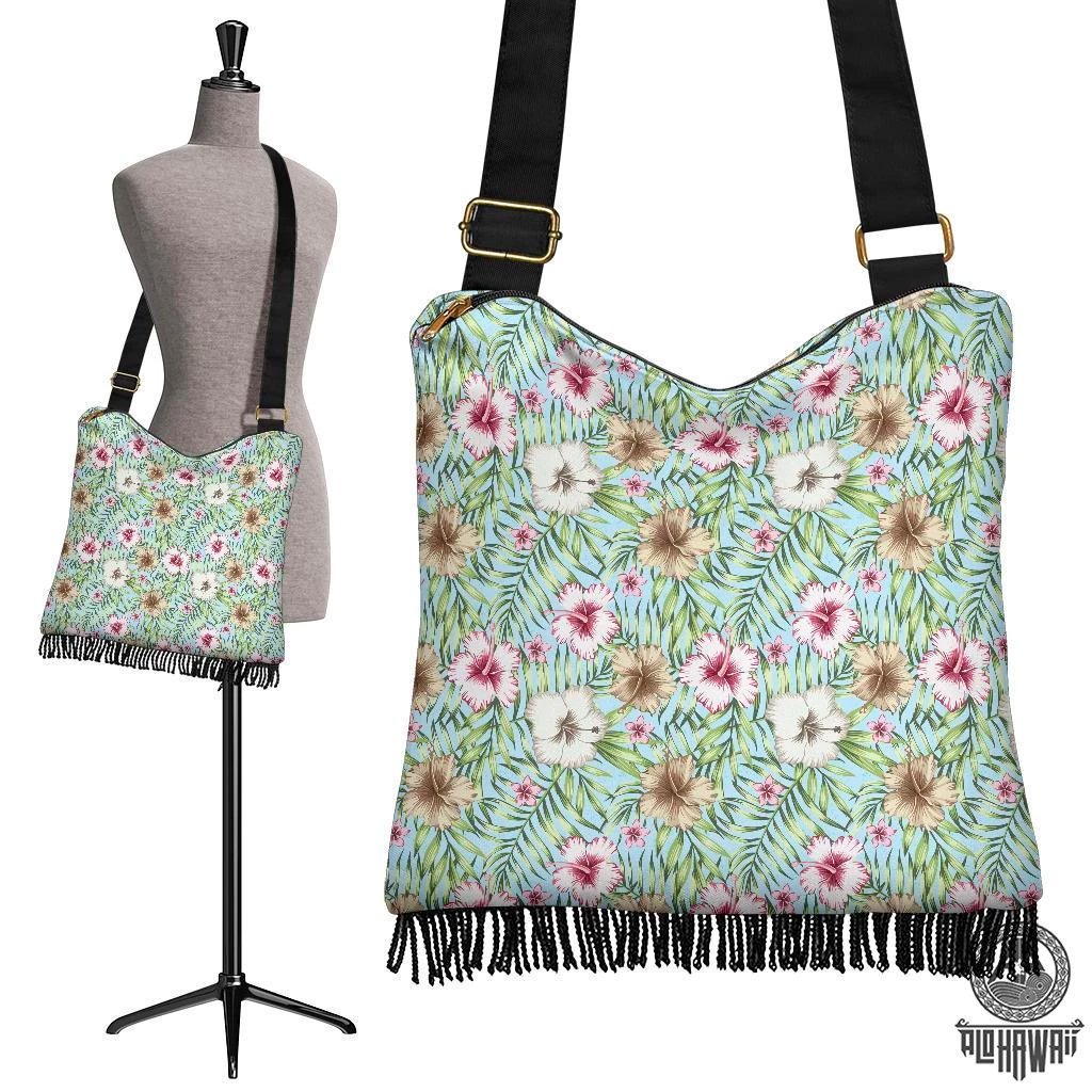 Hawaii Tropical Hibiscus Palm Leaves Crossbody Boho Handbag Crossbody Boho Handbag One Size Green - Polynesian Pride