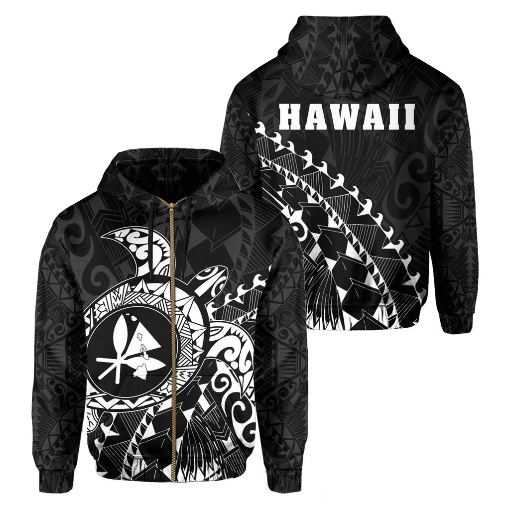 Kanaka Map Zipper Hoodie (White) Turtle Style Unisex Black & White - Polynesian Pride