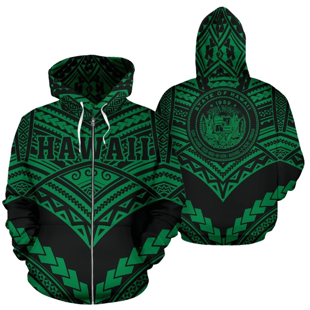 Hawaii Polynesian Zip up Hoodie Tribal New Warrior Style Green Color Unisex White - Polynesian Pride