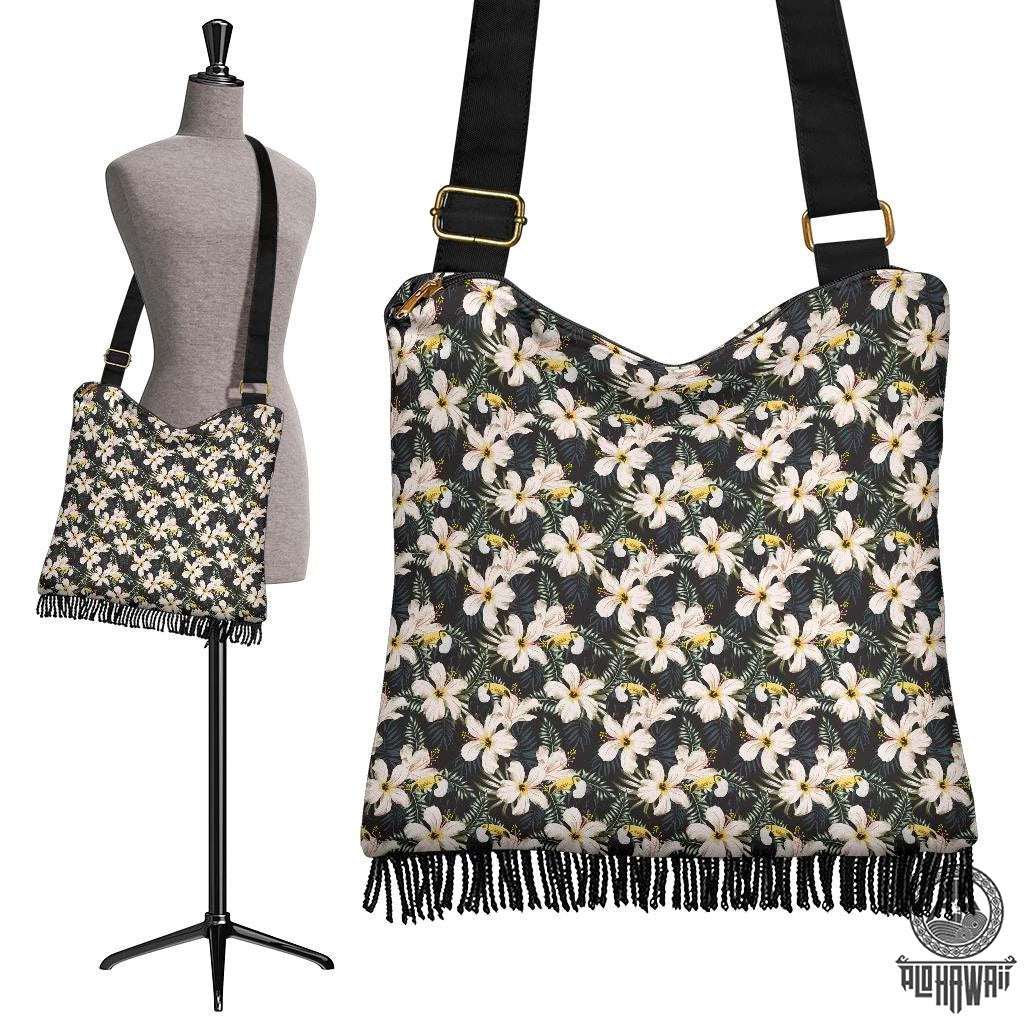 Hawaii Tropical Toucans Hibiscus Palm Leaves Crossbody Boho Handbag Crossbody Boho Handbag One Size Black - Polynesian Pride