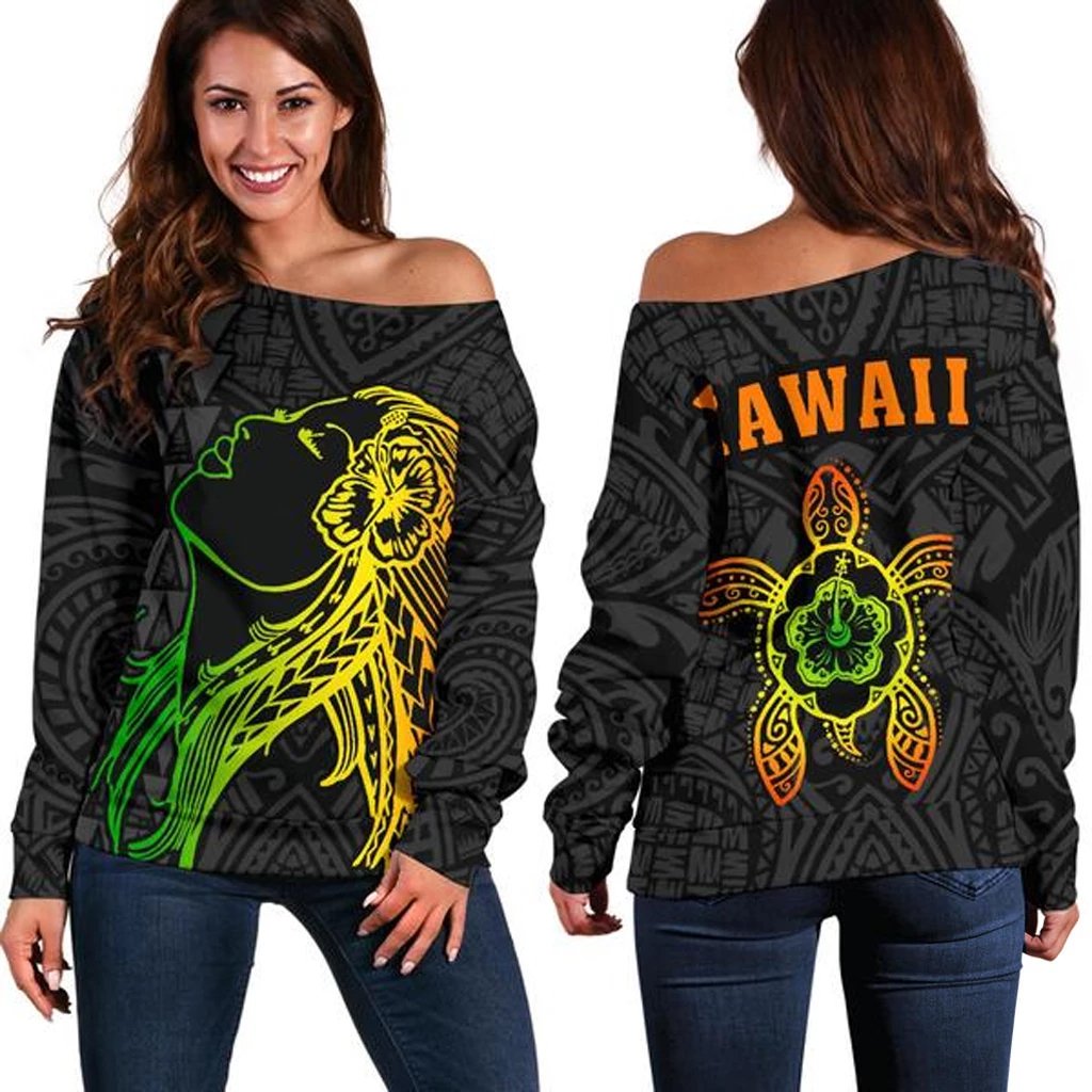 Hula Girl And Turtle Hibiscus Women's Off Shoulder Sweater Black - Polynesian Pride