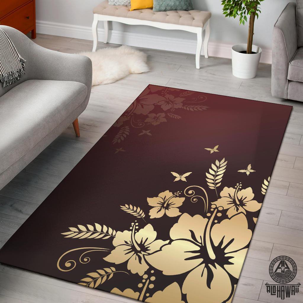 Golden Hibiscus Area Rug Black - Polynesian Pride