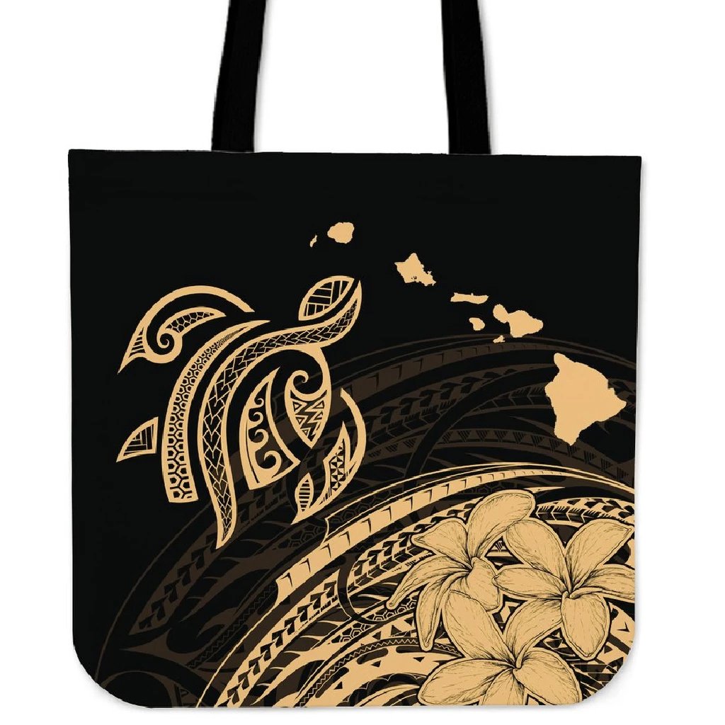 Hawaii Turtle Polynesian Map Plumeria Tote Bag Tote Bag One Size Black - Polynesian Pride