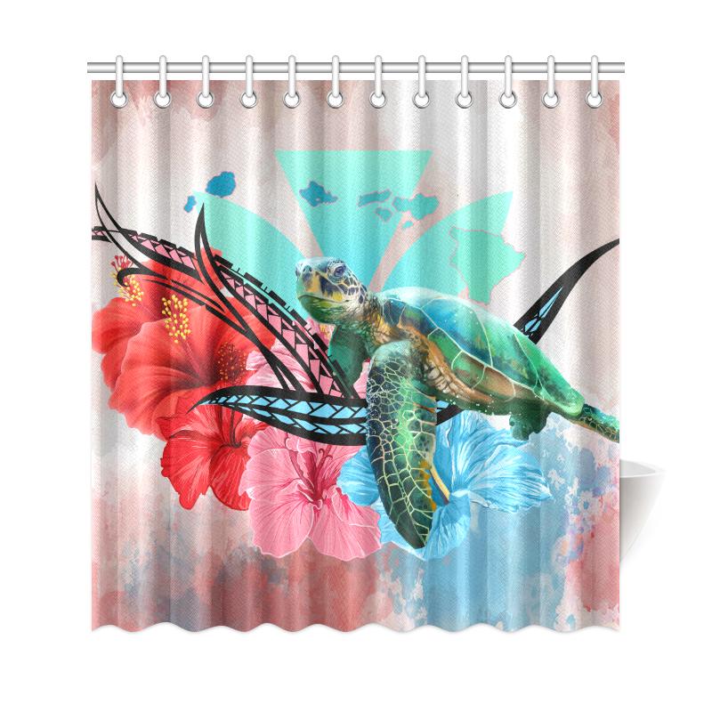 Hawaii Map Kanaka Sea Turtle Hibiscus Shower Curtain - AH - Blue Pink - Polynesian Pride