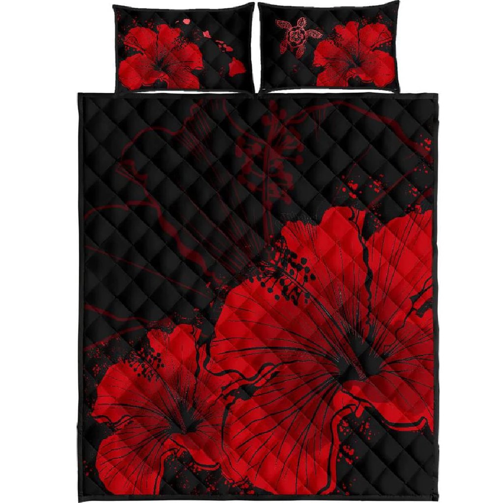 Hawaii Quilt Bed Set - Hawaii Hibiscus Black And Red Quilt Bed Set Art - Polynesian Pride